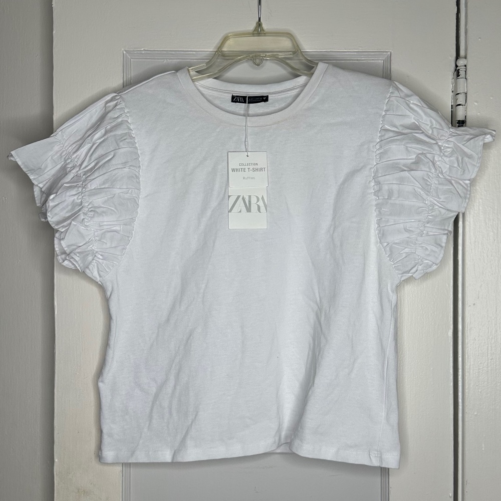 Zara White Cotton T-Shirt With Ruffle Sleeves / Size L / NWT